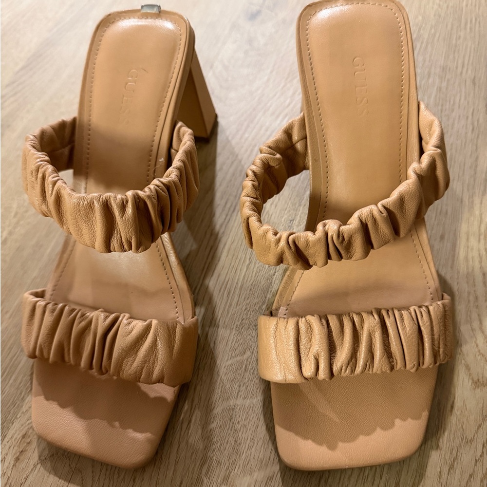Guess Women's Tan Ruched Strap Block Heel Sandals Womens 6